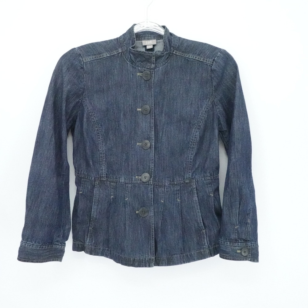 J Jill Denim Jacket‎ Womens 8 Dark Blue Peplum Stand Collar Button Front